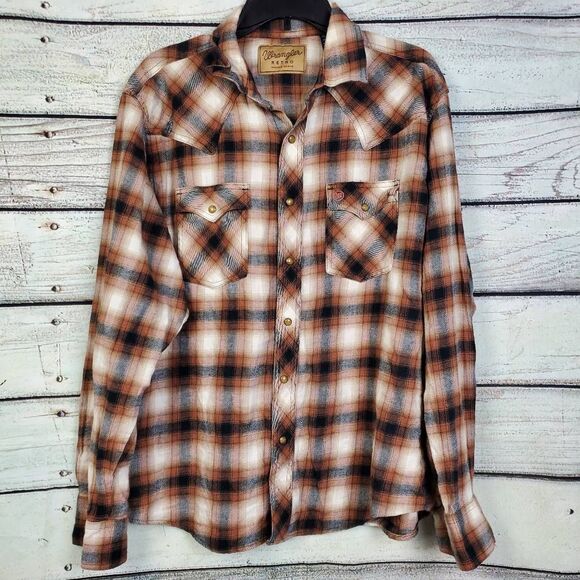 Wrangler Retro XL Western Pearl Snap Shirt Brown Plaid 100% Cotton - Picture 1 of 7